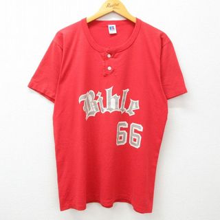 XL★古着 ラッセル 半袖 ビンテージ Tシャツ メンズ 80年代 80s Bible 66 ヘンリーネック USA製 赤 レッド 23jul07 中古(Tシャツ/カットソー(半袖/袖なし))