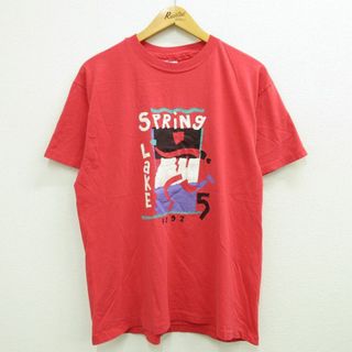 ヘインズ(Hanes)のL★古着 ヘインズ Hanes 半袖 ビンテージ Tシャツ メンズ 90年代 90s スプリング レイク コットン クルーネック USA製 赤 レッド 23jul07 中古(Tシャツ/カットソー(半袖/袖なし))