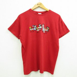 L★古着 半袖 ビンテージ Tシャツ メンズ 00年代 00s ルーニーテューンズ LOONEY TUNES バッグスバニー 刺繍 コットン クルーネック 赤 レッド 【spe】 23jul07 中古(Tシャツ/カットソー(半袖/袖なし))