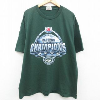 リー(Lee)のXL★古着 リー Lee 半袖 ビンテージ Tシャツ メンズ 90年代 90s NFL ニューヨークジェッツ 大きいサイズ コットン クルーネック 緑 グリーン アメフト スーパーボウル 23jul07 中古(Tシャツ/カットソー(半袖/袖なし))