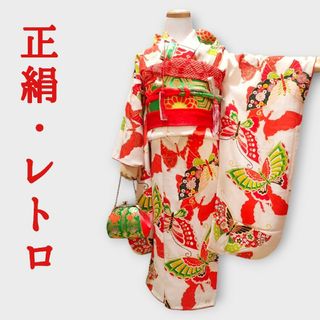 7歳　レトロ正絹蝶々菊梅　七五三　お着物フルセット　アンティーク(和服/着物)