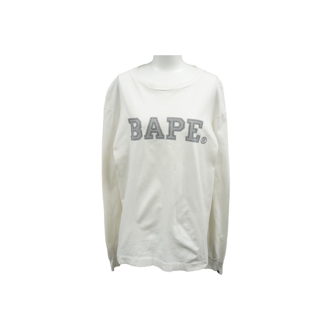 A BATHING APE(アベイシングエイプ)のA BATHING APE アベイシングエイプ 長袖Ｔシャツ ラインストーンプリント 90年代 コットン ホワイト グレー M 美品 中古 61187 レディースのトップス(Tシャツ(長袖/七分))の商品写真