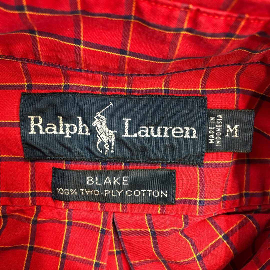 90年代 RALPH LAUREN ラルフローレン BLAKE ボタンダウン 長袖シャツ ワンポイントロゴ チェック レッド (メンズ M) 中古 古着 Q1592 メンズのトップス(シャツ)の商品写真