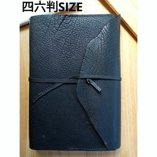 四六判　革のブックカバー　個性派紐巻きDesign　黒革(ブックカバー)