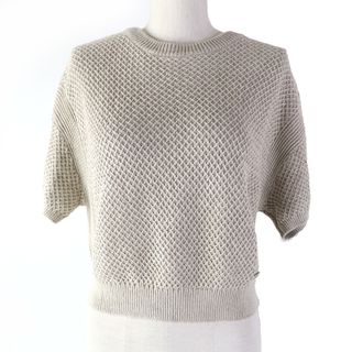 フォクシー(FOXEY)の未使用品☆FOXEY フォクシー 39676 リネン100％ Linen Cross ロゴプレート付 半袖 ニット トップス ベージュ 40 日本製 正規品 レディース(ニット/セーター)