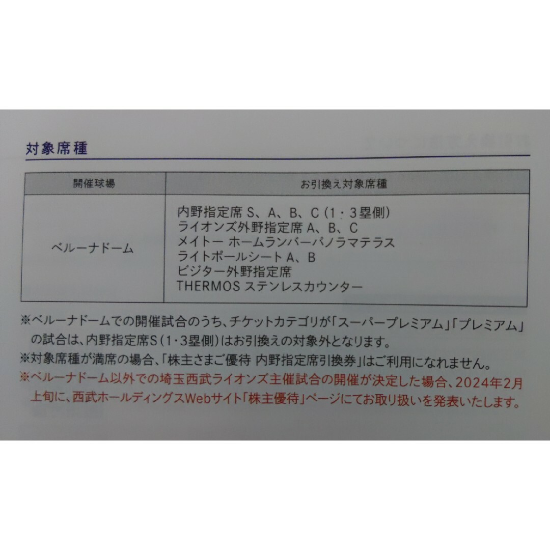 埼玉西武ライオンズ(サイタマセイブライオンズ)の西武株主優待･埼玉西武ライオンズ内野指定席引換券１枚(ベルーナドーム) チケットの優待券/割引券(その他)の商品写真