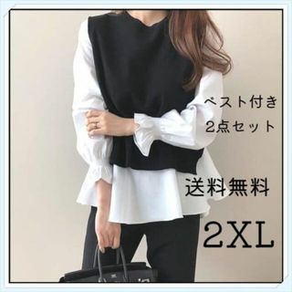 2 X L ニット ベスト 付き ホワイト シャツ 重ね着 レディース Ⅱ(カットソー(長袖/七分))