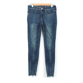 アメリカンイーグル デニムパンツ スキニー ジーンズ 裾ダメージ加工 レディース 34サイズ ブルー American Eagle