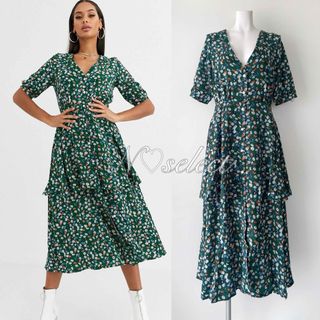 エイソス(asos)の日本未発売【UK8】グリーン フラワーロングワンピース ティアードドレス(ロングワンピース/マキシワンピース)