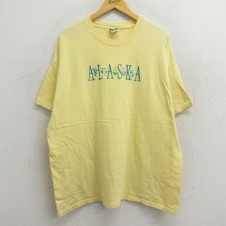 古着 半袖 ビンテージ Tシャツ レディース 00年代 00s アラスカ 花 刺繍 大きいサイズ コットン クルーネック 薄黄 イエロー 23jul14 中古(ミニワンピース)