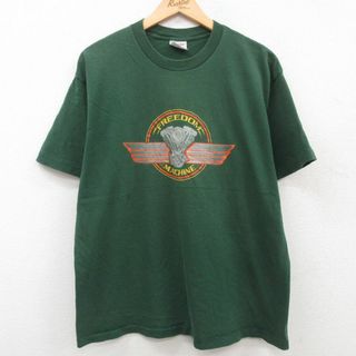 XL★古着 半袖 ビンテージ Tシャツ メンズ 90年代 90s FREEDOM エンジン コットン クルーネック USA製 濃緑 グリーン 【spe】 23jul11 中古(Tシャツ/カットソー(半袖/袖なし))