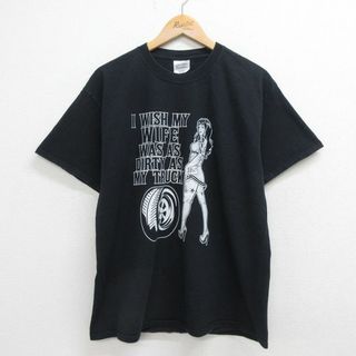 L★古着 半袖 ビンテージ Tシャツ メンズ 00年代 00s レースクイーン タイヤ コットン クルーネック 黒 ブラック 23jul13 中古(Tシャツ/カットソー(半袖/袖なし))