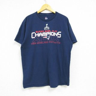 マジェスティック(Majestic)のL★古着 マジェスティック 半袖 Tシャツ メンズ NFL ニューイングランドペイトリオッツ クルーネック 紺 ネイビー アメフト スーパーボウル 23jul11 中古(Tシャツ/カットソー(半袖/袖なし))