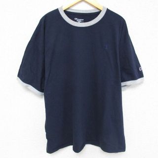 チャンピオン(Champion)のXL★古着 チャンピオン Champion 半袖 ブランド Tシャツ メンズ ワンポイントロゴ 大きいサイズ コットン クルーネック 紺 ネイビー リンガー 23jul13 中古(Tシャツ/カットソー(半袖/袖なし))