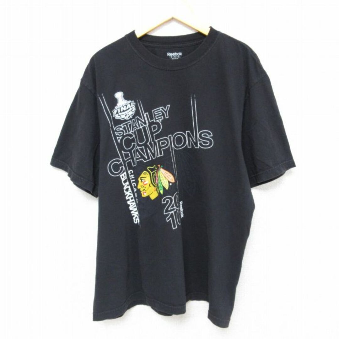 Reebok(リーボック)のXL★古着 リーボック REEBOK 半袖 ブランド Tシャツ メンズ NHL シカゴブラックホークス コットン クルーネック 黒 ブラック アイスホッケー 23jul13 中古 メンズのトップス(Tシャツ/カットソー(半袖/袖なし))の商品写真