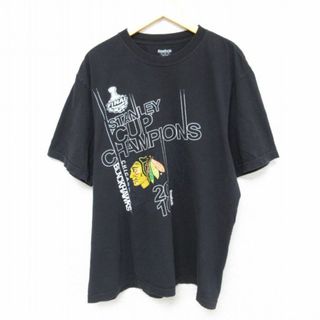 リーボック(Reebok)のXL★古着 リーボック REEBOK 半袖 ブランド Tシャツ メンズ NHL シカゴブラックホークス コットン クルーネック 黒 ブラック アイスホッケー 23jul13 中古(Tシャツ/カットソー(半袖/袖なし))