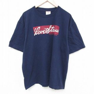 リーバイス(Levi's)のXL★古着 リーバイス Levis 半袖 ブランド Tシャツ メンズ シグネイチャー 大きいサイズ コットン クルーネック 紺 ネイビー 23jul13 中古(Tシャツ/カットソー(半袖/袖なし))