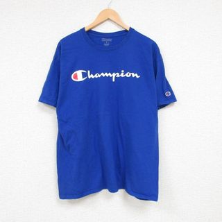 チャンピオン(Champion)のL★古着 チャンピオン Champion 半袖 ブランド Tシャツ メンズ ビッグロゴ クルーネック 青 ブルー 23jul12 中古(Tシャツ/カットソー(半袖/袖なし))