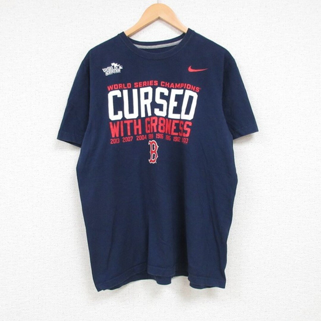 NIKE(ナイキ)のXL★古着 ナイキ NIKE 半袖 ブランド Tシャツ メンズ MLB ボストンレッドソックス ワールドシリーズ コットン クルーネック 紺 ネイビー メジャーリーグ ベースボール 野球 23jul12 中古 メンズのトップス(Tシャツ/カットソー(半袖/袖なし))の商品写真