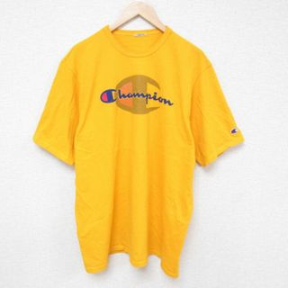 チャンピオン(Champion)のXL★古着 チャンピオン Champion 半袖 ブランド Tシャツ メンズ ビッグロゴ 大きいサイズ クルーネック 濃黄 イエロー 23jul13 中古(Tシャツ/カットソー(半袖/袖なし))