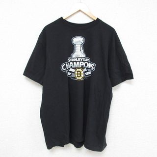 チャンピオン(Champion)のXL★古着 リーボック REEBOK 半袖 ブランド Tシャツ メンズ NHL ボストンブルーインズ スタンレーカップ チャンピオンズ 大きいサイズ コットン クルーネック 黒 ブラック アイスホッケー 23jul14 中古(Tシャツ/カットソー(半袖/袖なし))