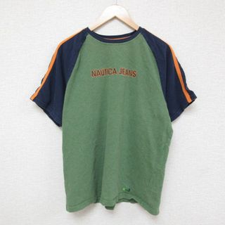 ノーティカ(NAUTICA)のXL★古着 ノーティカ NAUTICA 半袖 ブランド Tシャツ メンズ ビッグロゴ 刺繍 ラグラン クルーネック 緑他 グリーン ライン 23jul14 中古(Tシャツ/カットソー(半袖/袖なし))