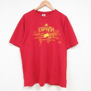 アディダス(adidas)のL★古着 アディダス 半袖 ブランド Tシャツ メンズ スペイン 2010 ワールドカップ 南アフリカ サッカー コットン クルーネック 赤 レッド 23jul14 中古(Tシャツ/カットソー(半袖/袖なし))