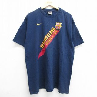 ナイキ(NIKE)のXL★古着 ナイキ NIKE 半袖 ビンテージ Tシャツ メンズ 00年代 00s ワンポイントロゴ FCバルセロナ フットボール ロング丈 大きいサイズ コットン クルーネック 紺 ネイビー 23jul11 中古(Tシャツ/カットソー(半袖/袖なし))