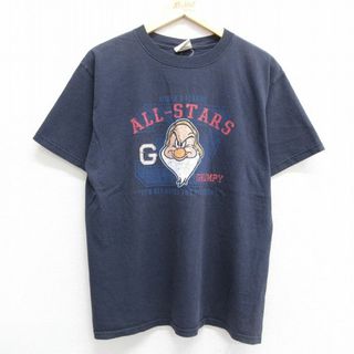 ディズニー(Disney)のL★古着 半袖 ビンテージ Tシャツ メンズ 00年代 00s ディズニー DISNEY しらゆきひめ 7人の小人 七人のこびと グランピー コットン クルーネック 紺 ネイビー 23jul11 中古(Tシャツ/カットソー(半袖/袖なし))