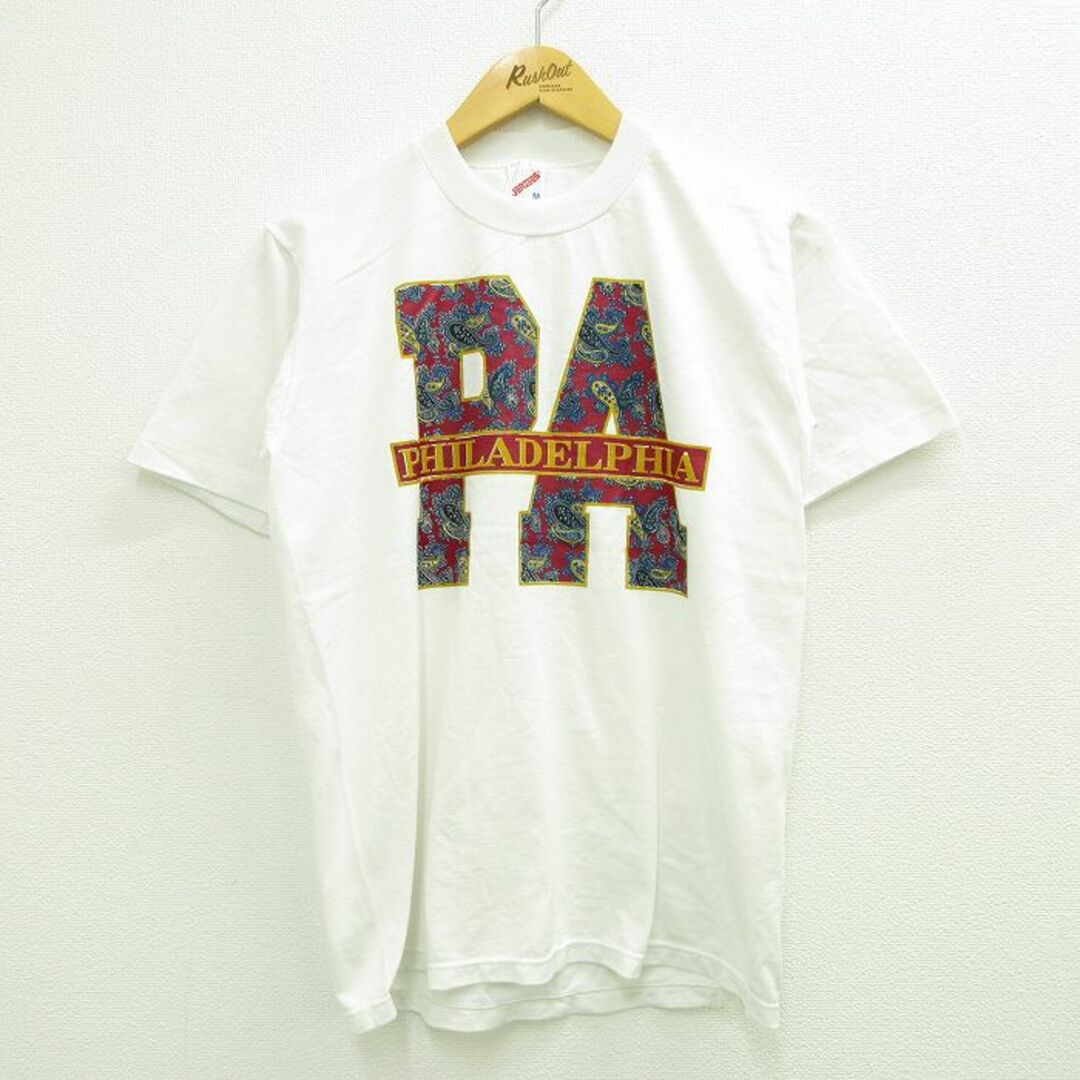 FILA(フィラ)のM★古着 半袖 ビンテージ Tシャツ メンズ 80年代 80s フィラデルフィア ペイズリー柄 クルーネック USA製 白 ホワイト 23jul12 中古 メンズのトップス(Tシャツ/カットソー(半袖/袖なし))の商品写真