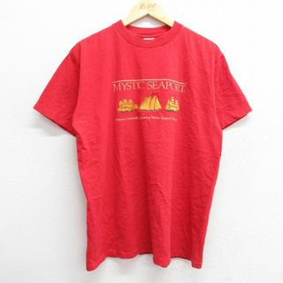 XL★古着 半袖 ビンテージ Tシャツ メンズ 90年代 90s ミスティックシーポート 船 刺繍 コットン クルーネック USA製 赤 レッド 23jul12 中古(Tシャツ/カットソー(半袖/袖なし))