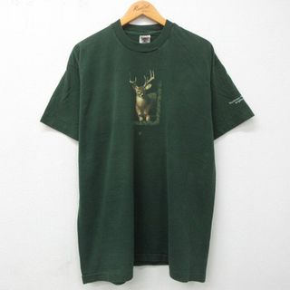 XL★古着 半袖 ビンテージ Tシャツ メンズ 00年代 00s シカ イリノイ コットン クルーネック 濃緑 グリーン 23jul12 中古(Tシャツ/カットソー(半袖/袖なし))