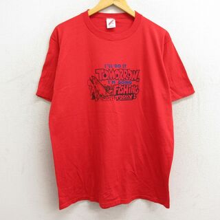 L★古着 半袖 ビンテージ Tシャツ メンズ 80年代 80s 魚 フィッシング クルーネック USA製 赤 レッド 23jul13 中古(Tシャツ/カットソー(半袖/袖なし))