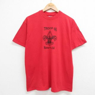 ヘインズ(Hanes)のL★古着 ヘインズ Hanes 半袖 ビンテージ Tシャツ メンズ 80年代 80s TROOP66 ユリの紋章 コットン クルーネック USA製 赤 レッド 23jul13 中古(Tシャツ/カットソー(半袖/袖なし))