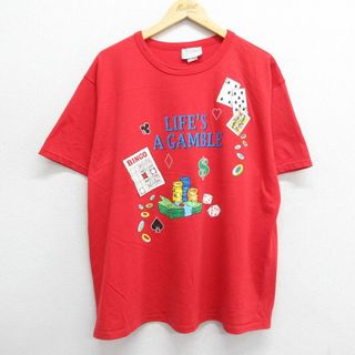 XL★古着 半袖 ビンテージ Tシャツ メンズ 90年代 90s LIFES トランプ サイコロ 大きいサイズ クルーネック USA製 赤 レッド 23jul13 中古(Tシャツ/カットソー(半袖/袖なし))