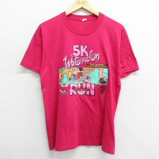 M★古着 半袖 ビンテージ Tシャツ メンズ 90年代 90s アーカンソー RUN スイカ クルーネック USA製 濃ピンク 23jul13 中古(Tシャツ/カットソー(半袖/袖なし))