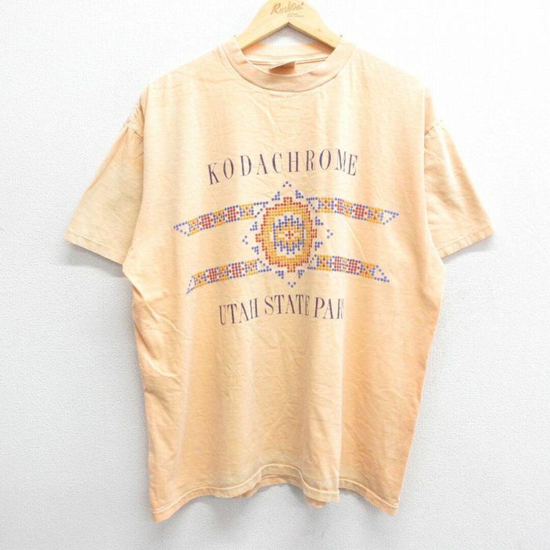 XL★古着 半袖 ビンテージ Tシャツ メンズ 90年代 90s ユタ州立公園 大きいサイズ コットン クルーネック 薄オレンジ 23jul14 中古 メンズのトップス(Tシャツ/カットソー(半袖/袖なし))の商品写真