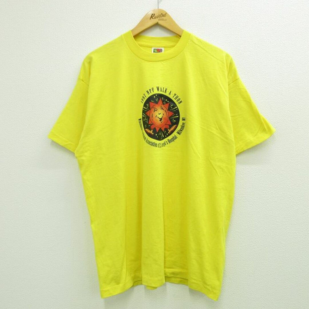 XL★古着 半袖 ビンテージ Tシャツ メンズ 90年代 90s 太陽 クルーネック USA製 黄 イエロー 23jul14 中古 メンズのトップス(Tシャツ/カットソー(半袖/袖なし))の商品写真