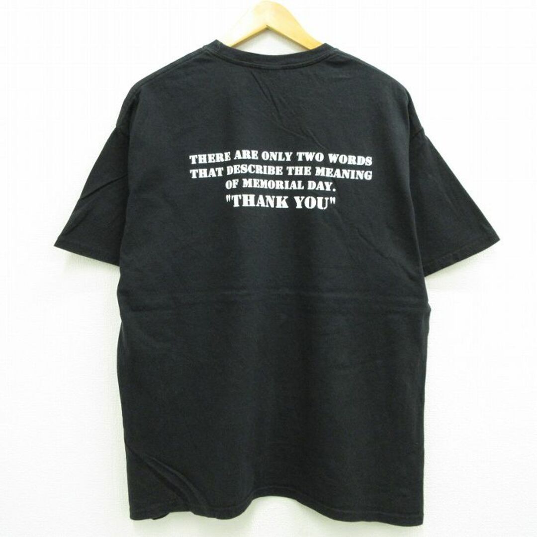 Hanes(ヘインズ)のXL★古着 ヘインズ Hanes 半袖 ビンテージ Tシャツ メンズ 00年代 00s 兵士 星条旗 メッセージ コットン クルーネック 黒 ブラック 23jul14 中古 メンズのトップス(Tシャツ/カットソー(半袖/袖なし))の商品写真