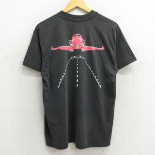 ヘインズ(Hanes)のL★古着 ヘインズ Hanes 半袖 ビンテージ Tシャツ メンズ 90年代 90s 飛行機 クルーネック USA製 黒 ブラック 霜降り 【spe】 23jul14 中古(Tシャツ/カットソー(半袖/袖なし))