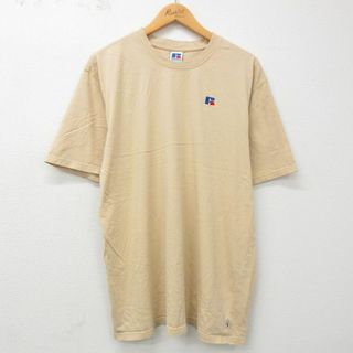 XL★古着 ラッセル 半袖 ビンテージ Tシャツ メンズ 00年代 00s ワンポイントロゴ 大きいサイズ コットン クルーネック ベージュ カーキ 23jul14 中古(Tシャツ/カットソー(半袖/袖なし))