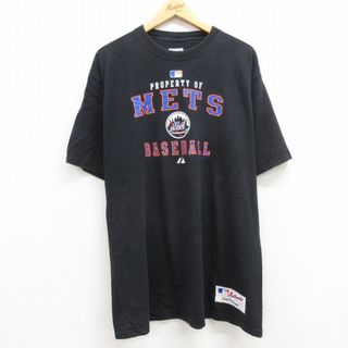 マジェスティック(Majestic)のXL★古着 マジェスティック 半袖 ビンテージ Tシャツ メンズ 00年代 00s MLB ニューヨークメッツ ロング丈 コットン クルーネック 黒 ブラック メジャーリーグ ベースボール 野球 23jul14 中古(Tシャツ/カットソー(半袖/袖なし))