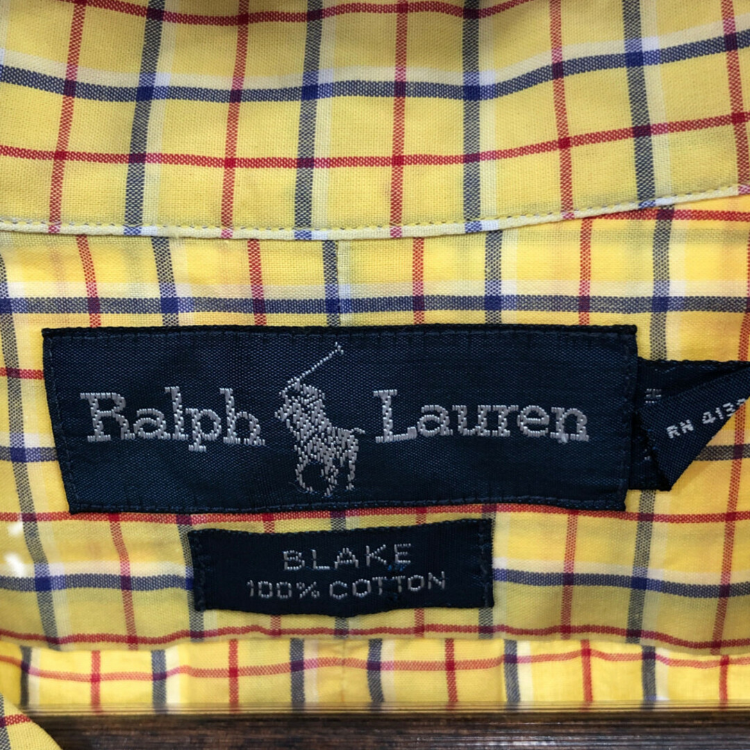 90年代 RALPH LAUREN ラルフローレン BLAKE ボタンダウン 長袖シャツ ワンポイントロゴ チェック イエロー (メンズ XL) 中古 古着 Q1603 メンズのトップス(シャツ)の商品写真
