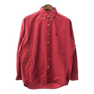 90年代 RALPH LAUREN ラルフローレン BLAKE ボタンダウン 長袖シャツ ワンポイントロゴ チェック レッド (メンズ M) 中古 古着 Q1625(シャツ)