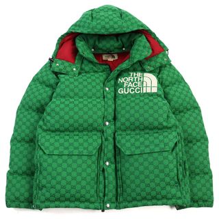 グッチ(Gucci)の美品○GUCCI グッチ THE NORTH FACE ザ・ノースフェイス 670766 GG総柄 ロゴエンブロイダリー スタンドカラーフーデッド ダブルジップ ダウンジャケット グリーン L ハンガー付き イタリア製 正規品 メンズ(ダウンジャケット)