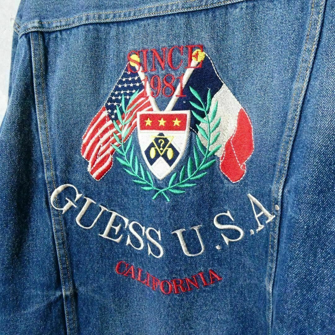 GUESS(ゲス)の美品 GUESS JEANS バック刺繍 ロゴ ダメージ加工 デニムジャケット メンズのジャケット/アウター(Gジャン/デニムジャケット)の商品写真