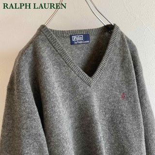 ラルフローレン(Ralph Lauren)のビンテージ ポロ ラルフローレン ロゴ刺繍 ウール Vネック ニット グレー(ニット/セーター)