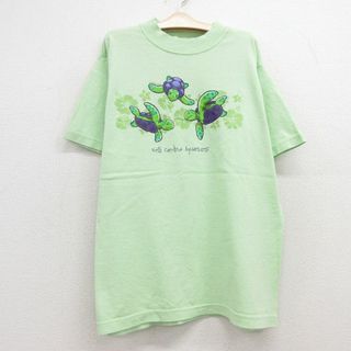 古着 半袖 ビンテージ Tシャツ キッズ ボーイズ 子供服 00年代 00s カメ ハイビスカス コットン クルーネック 黄緑 23jul18(シャツ/カットソー)