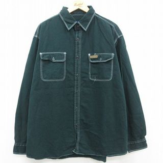 XL★古着 長袖 シャツ メンズ 00年代 00s 大きいサイズ ロング丈 コットン 緑他 グリーン ストライプ 23jul20 中古 トップス(シャツ)