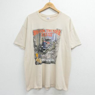 XL★古着 半袖 Tシャツ メンズ バイク ローリングサンダー 兵士 大きいサイズ コットン クルーネック ベージュ カーキ 23jul18 中古(Tシャツ/カットソー(半袖/袖なし))